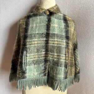 1960s 1970s Blue Plaid Mohair Waist Length Cape